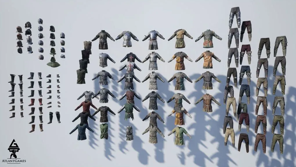 112组中世纪盔甲头盔皮靴服饰Unreal Engine游戏素材资源 ROG Modular Medieval Armor and Cloth
