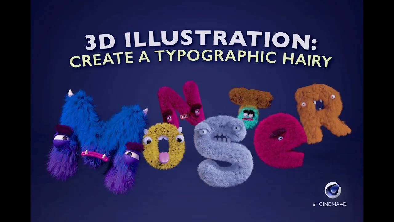C4D毛茸字母小怪物实例制作训练视频教程 3D illustration: Create a Typographic 3D hairy monster in Cinema 4D