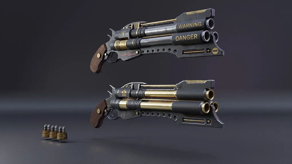 Blender与Substance painter三管游戏手枪实例制作视频教程 中文字幕 Game Ready Triple Barrel hand cannon