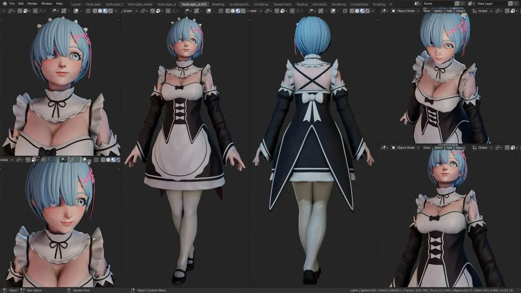 《从零开始的异世界生活》动漫角色Rem模型雕塑视频教程 Character Sculpt Rem by YanSculpts