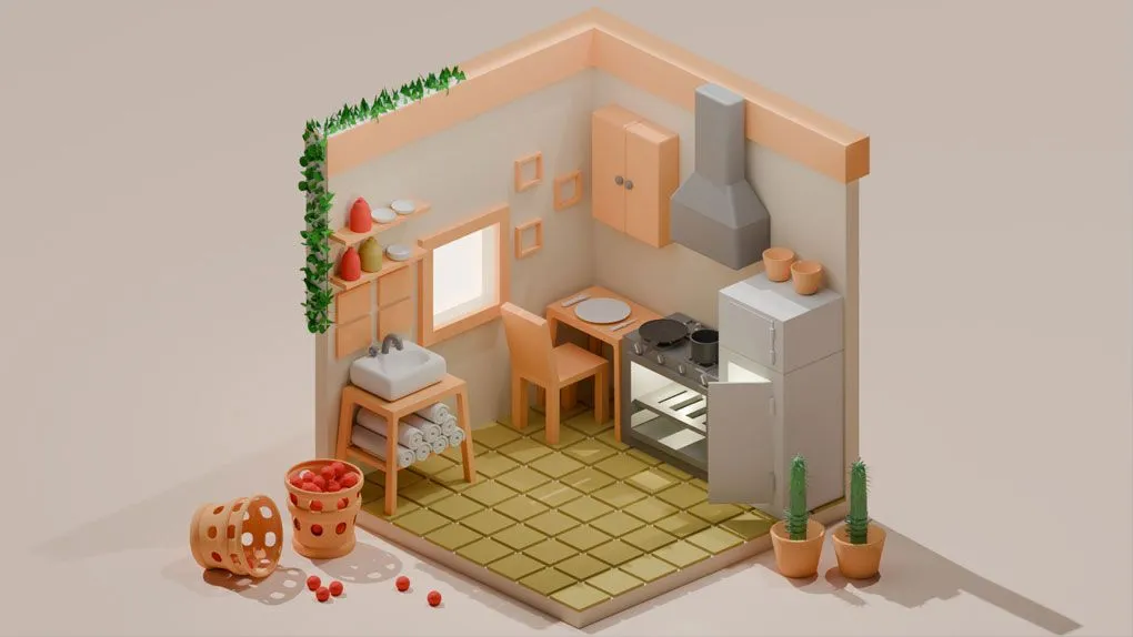 Blender卡通迷你等距厨房房间实例制作视频教程 Isometric Kitchen Room Made In Blender 3