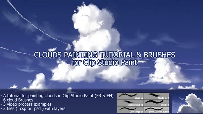 Clip Studio Paint云彩数字绘画实例训练视频教程 Clouds tutorial+6 Brushes For Clip Studio Paint
