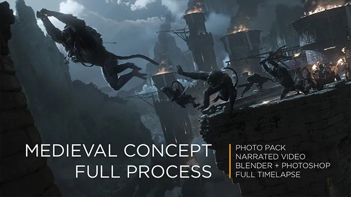 中世纪战斗场景概念艺术数字绘画视频课程 Concept Art Full Process – Medieval Scene by Romain Jouandeau