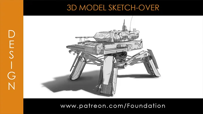 机甲坦克炮台数字绘画实例训练视频教程 Foundation Art Group - 3D Model Sketch-Over