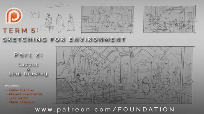 环境场景素描绘画艺术视频教程之 - 布局和线条图 Foundation Patreon - Term 5 - Sketching for Environment