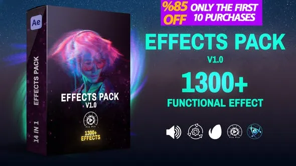 1300+包括转场特效调色AE脚本预设包 Effects Pack V2.0 – Transitions ,Effects ,Footages and Presets