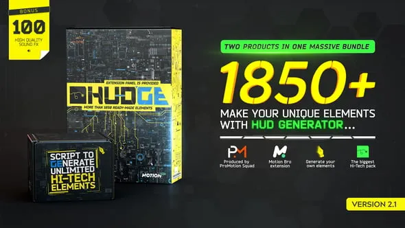 1850+科技感HUD界面UI指示线文字标题线条圆圈边框动画元素AE脚本Motion Bro预设 HUDGE | Generator of Hi-Tech Elements | 1850+ HUD UI v2.1