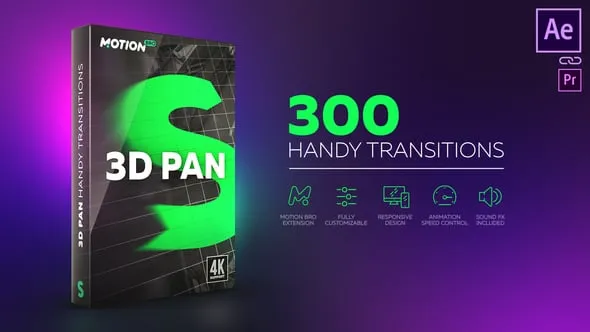300组摄像机旋转平移飞行跳跃运动无缝转场动画AE脚本预设 3D Pan Transitions