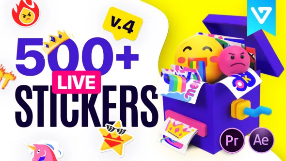 200组综艺卡通花字表情贴纸标签动画模板AE脚本/PR预设包 Live Stickers Library V3