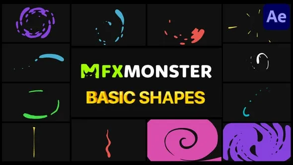 12个卡通动画多彩手绘形状飞溅叠加元素素材AE脚本预设包 Basic Shapes Pack | After Effects