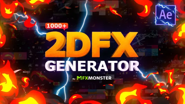1000个二维动漫能量电流火焰烟雾图形标题背景转场MG特效动画音效素材AE脚本预设包 2DFX Generator – 1000+ FX Elements