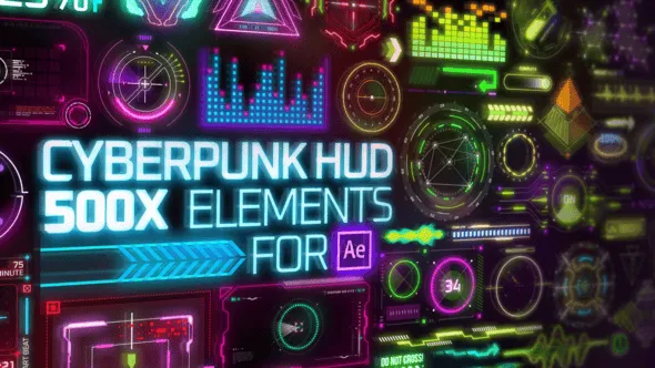 523个HUD科技感赛博朋克霓虹发光UI元素图形动画AE脚本 Cyberpunk HUD Elements