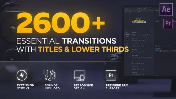 2600种摄像机运动图形故障干扰分割水墨光效无缝转场文字标题预设AE脚本 2600 Essential Transitions