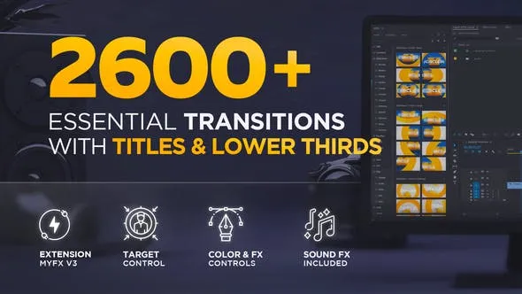 2600种模糊光效故障扭曲水墨笔刷淡入淡出图形翻转视差分割转场预设PR脚本 Essential Transitions for Premiere Pro