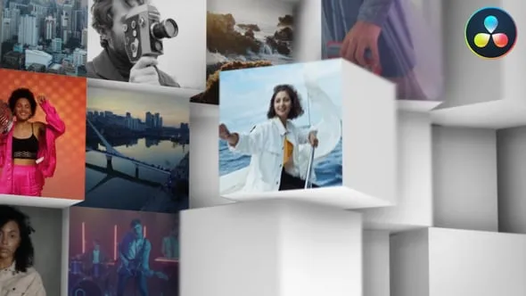 达芬奇模板-3D立方体翻转照片墙动画揭示活动开幕式片头时尚介绍LOGO标志 Mosaic Cubics Logo Reveal for DaVinci Resolve