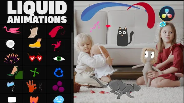 达芬奇模板-可爱动画卡通形状有趣液体贴纸动画元素 Liquid Stickers for DaVinci Resolve