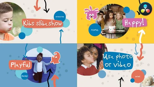 DR达芬奇模板-六一儿童节活动宣传介绍卡通图形视频动画工程文件下载 Colorful Fun Slideshow for DaVinci Resolve