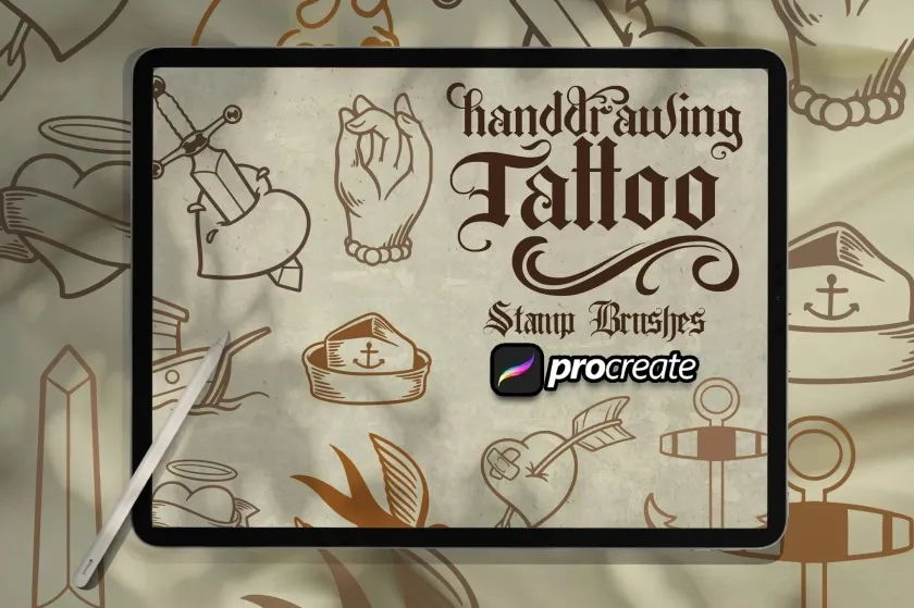 10个适用于Ipad绘画的复古纹身手绘图案Procreate笔刷 Hand Drawing Tattoos Brush Stamp