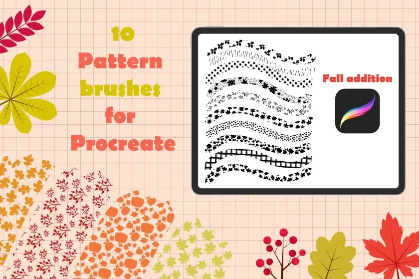 10个Ipad绘画的秋季树叶花卉图案Procreate笔刷 Procreate pattern brushes. Fall addition