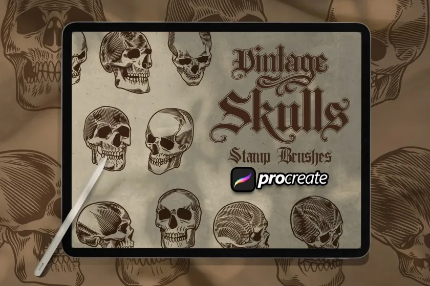 10个Ipad绘画的复古骷髅魔鬼头像Procreate笔刷 Vintage Skull Brush Stamp