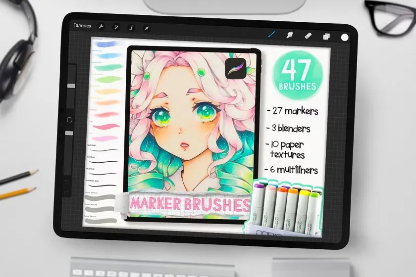 47支酷笔客灵感马克笔绘画Procreate笔刷 Copic inspired Marker Brush Set for Procreate