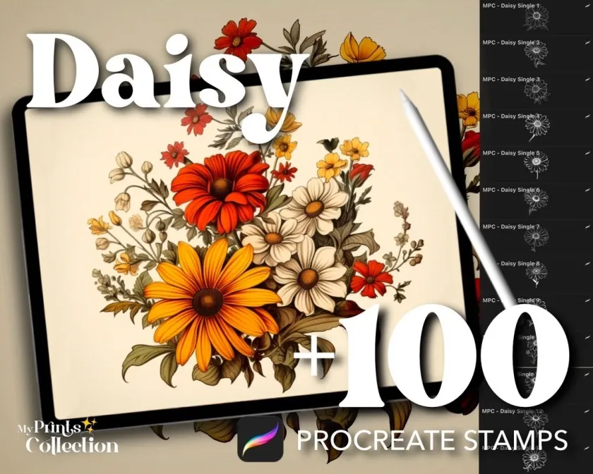 100支手绘插画金秋菊花雏菊花卉Procreate笔刷 100+ Procreate Daisy Stamps