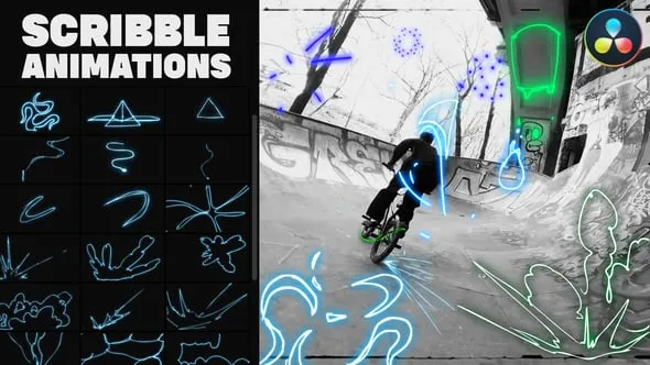 达芬奇模板-卡通涂鸦时尚手绘创意线条特效合成动画DaVinci Resolve模板下载 Abstract Scribble Animations for Davinci Resolve