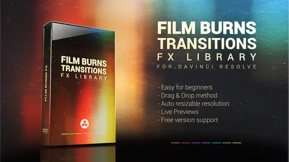 达芬奇模板-光影闪动信号失真潮流炫酷特效转场过渡DaVinci Resolve模板下载 Film Burns Transitions & FX Pack for DaVinci Resolve