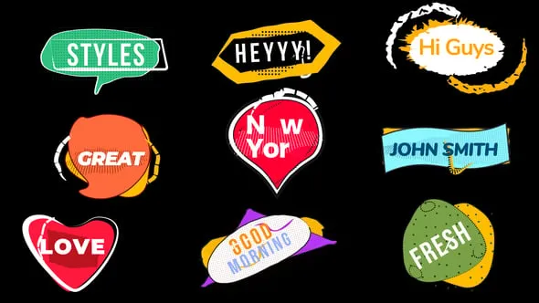 达芬奇模板-9种卡通气泡标题多彩销售标签贴纸徽章DaVinci Resolve模板下载 Cartoon Titles