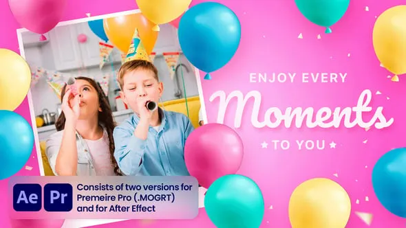 AE/PR模板 甜美梦幻色调五彩飞行气球动画快乐儿童视频相册派对活动开场白 PR与AE工程文件 Happy Birthday