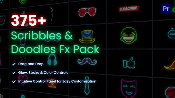 卡通MG动画元素游戏发光图形手绘光线条霓虹灯数字形状视频 AE模板PR模板 Scribbles & Doodles FX Pack