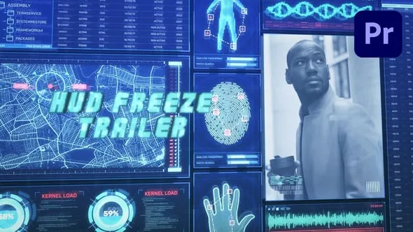 数字动画和风格化HUD技术定格预告视频冻结帧电影预告片PR模板 HUD Technology Freeze Frame Trailer – Premiere Pro