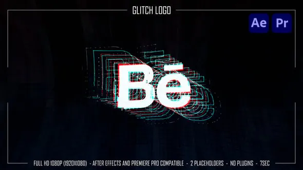 适合纵向与横向屏幕故障标志动画抖音朋友圈宣传片头AE与PR模板 Glitch Logo