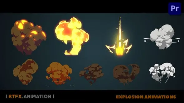 火焰爆炸烟雾升腾炫酷漫画手绘效果卡通特效PR模板 Cartoon Flash 2D FX explosions