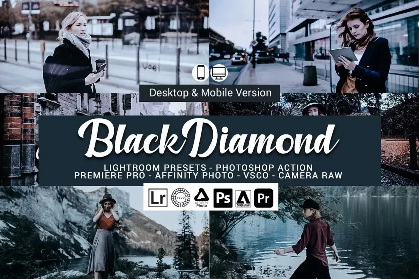 黑钻石灰旅行街拍人像Lightroom预设/APP滤镜/电影胶片分级调色LUT预设 Black Diamond Lightroom Presets
