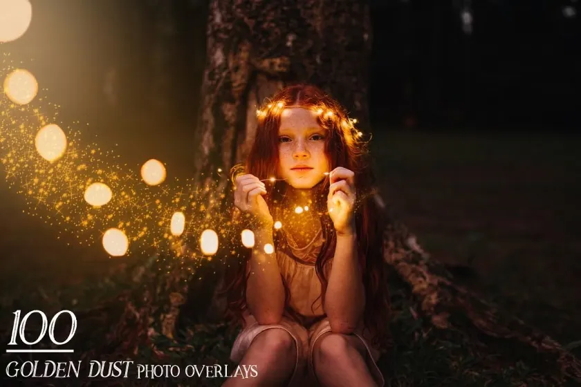 100张金色粉尘粒子魔幻闪光悬浮颗粒PS后期叠加合成素材 100 Golden Dust Photo Overlays