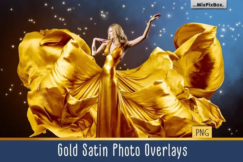 44款影楼婚纱大片金色丝绸裙摆拖尾婚纱飘纱PNG合成素材 Gold Satin Photo Overlays