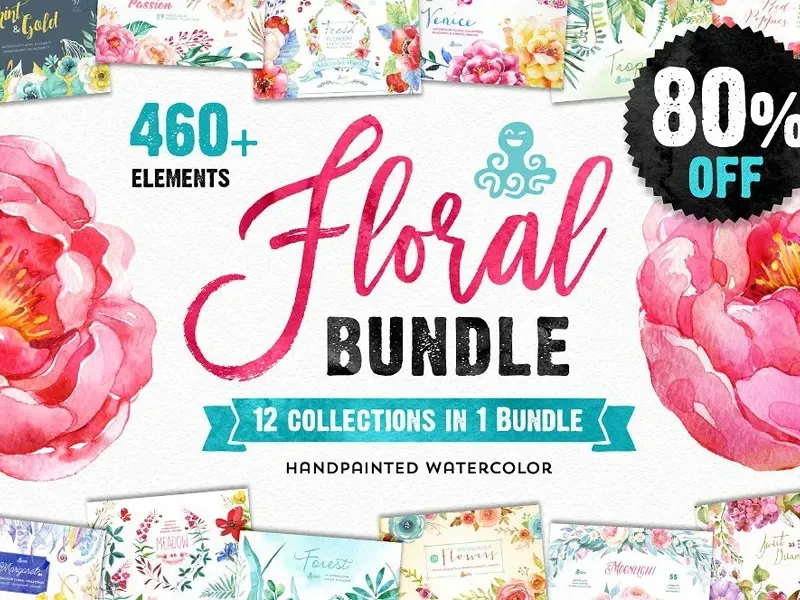12套460多种手绘水彩花卉昆虫设计图形PNG图片素材合集 The Floral Bundle 12in1