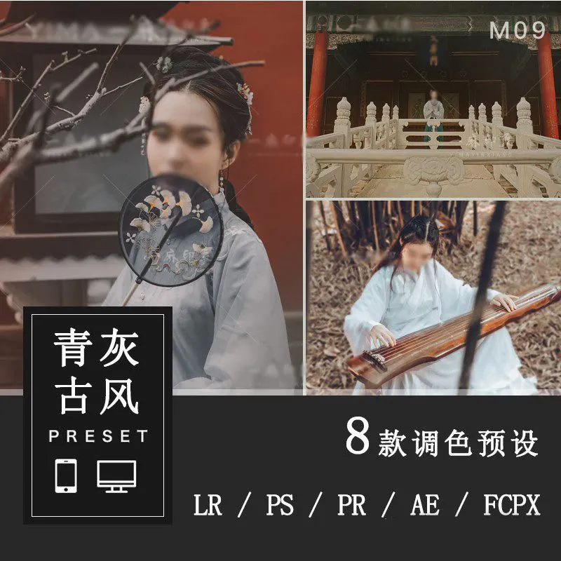 青灰古风复古汉服古装人像LR预设/FCPX/达芬奇/PR调色LUT预设