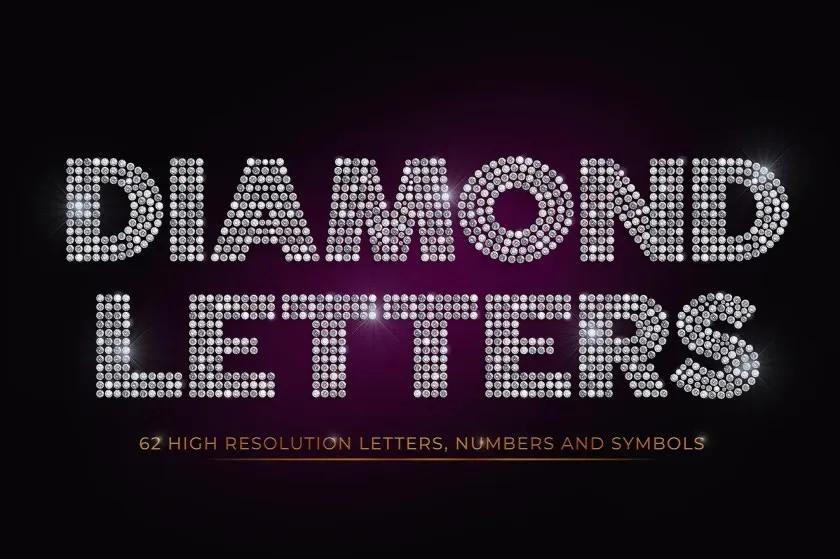 62个闪光钻石组合排列字母数字符号创意设计PNG图片素材 Diamond Letters