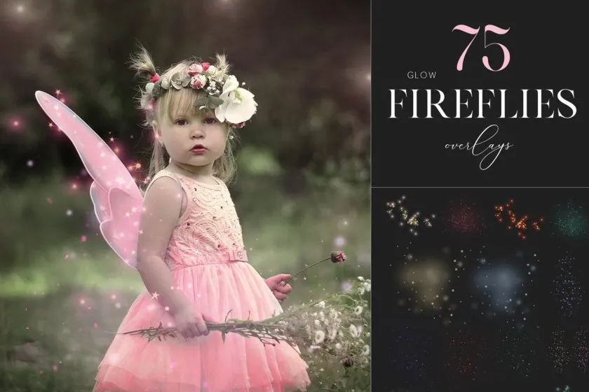 75张梦幻童话夜空萤火虫创意图片合成素材 75 Fireflies Overlays, Photoshop Overlay, Fairy Overlay