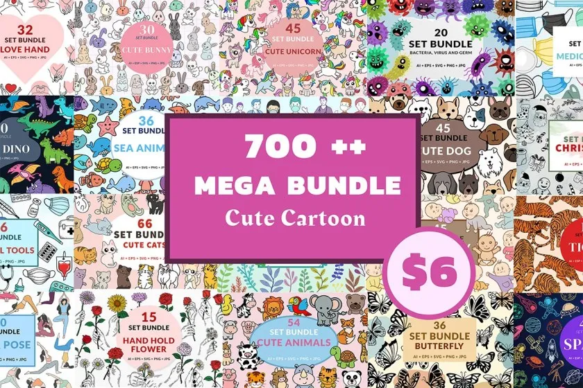 700+儿童卡通可爱花鸟动物卡片涂鸦绘画设计图片素材（含矢量+PNG）Cute Animal Cartoon for Kids Bundle
