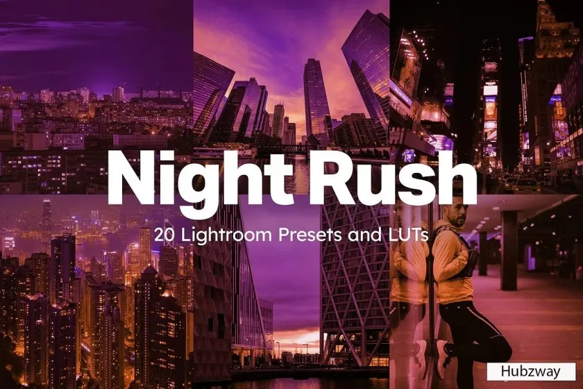 城市夜景蒸汽波霓虹灯AI人工智能自适应Lightroom预设及LUT预设 Night Rush – 20 Lightroom Presets & LUTs