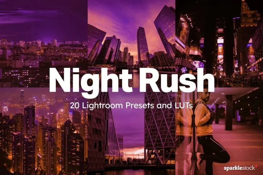 20款城市夜景霓虹蒸汽波摄影调色AI自适应Lightroom预设LUT预设 20 Night Rush Lightroom Presets and LUTs