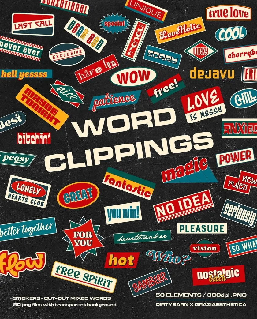 50款复古怀旧标签字母促销贴纸剪贴画PNG素材 Word Clippings：Retro Stickers and Headlines – 50 Pieces