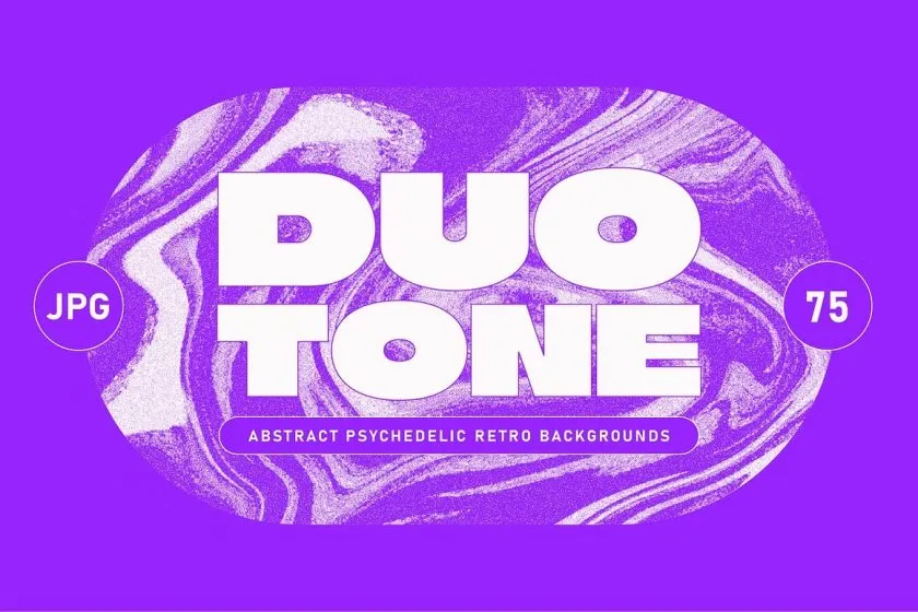 75张70年代复古迷幻酸性扭曲流体渐变双色调抽象艺术噪点纹理背景素材 Duotone Psychedelic Textures