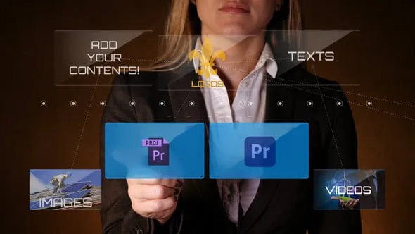 高科技触摸屏HUD场景女白领手指点击屏幕产品服务图像标志展示PR模板 Businesswoman Advert Displays