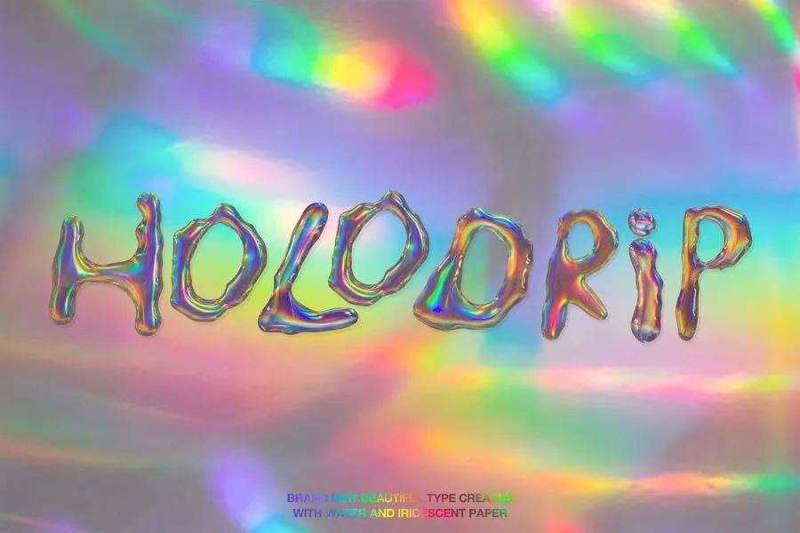 39个全息炫彩镭射彩虹渐变水滴字母字符艺术纹理背景素材 Holodrip – Holographic Water Type