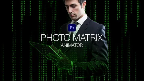 矩阵符号数字代码特效背景介绍人物照片动画效果PR模板下载 Photo Matrix Animator for Premiere Pro