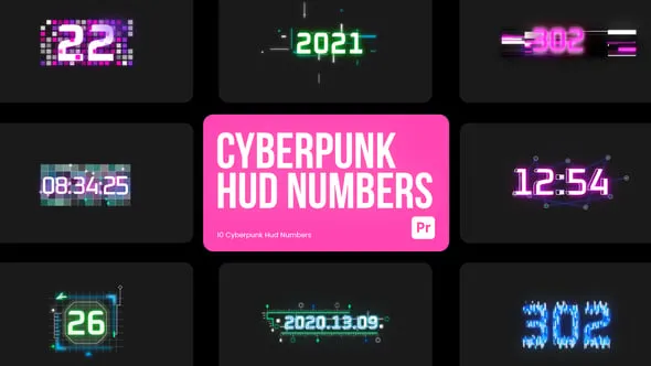 赛博朋克发光HUD屏幕浮动元素和数字PR模板下载 Cyberpunk HUD Numbers for Premiere Pro